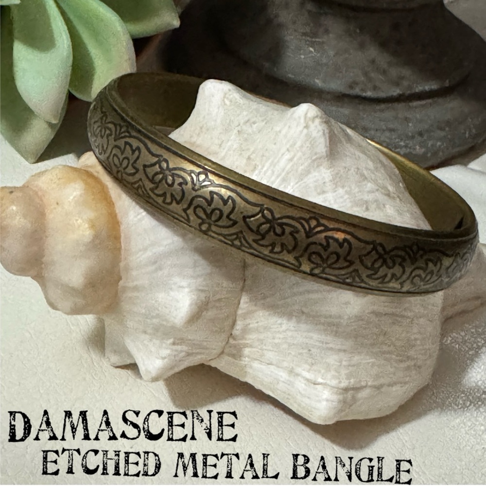 Vintage Damascene Etched Metal Bangle Style Bracelet-Brassy Tone